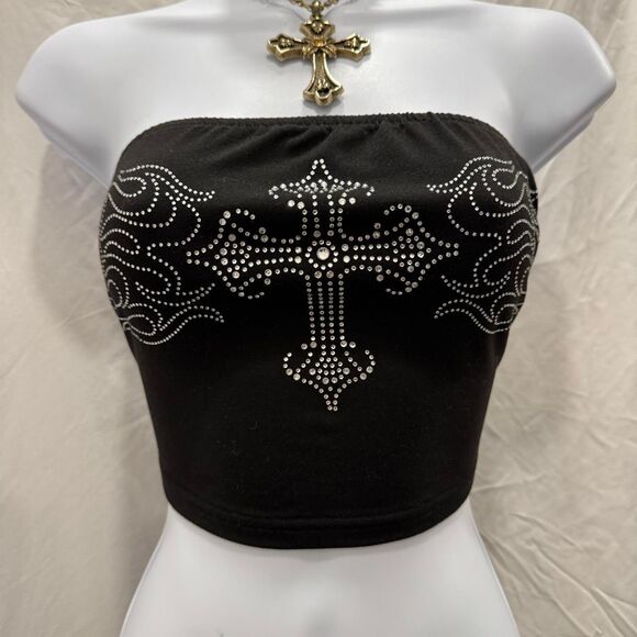 Y2K Style Cross Rhinestone Tube Top Strapless Goth Grunge Small - Picture 3 of 6